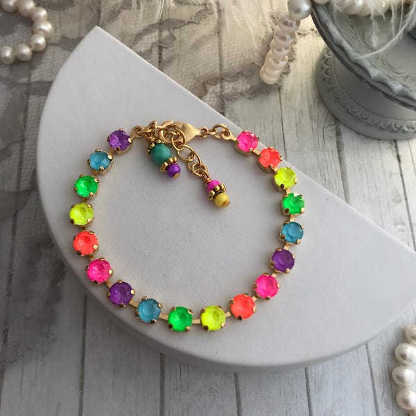 TALK NEON to ME 6mm Neon multi-colored Crystal Tennis Bracelet, Neon Rainbow Aesthetic Bracelet, Electric Pink and Green Electric Yellow