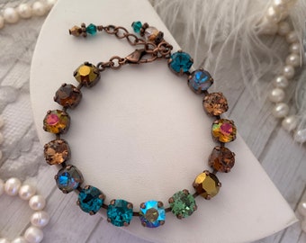 Teal and Topaz Crystal Tennis Bracelet, Teal, Green, Brown Fall tone Bracelet Copper Crystal Bracelet, Gold, Topaz, Verde, Copper Patina