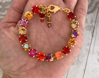 Red and Orange Round Stone Crystal Bracelet, Burnt Orange, Siam, Scarlet, Metallic Gold Crystal Choker Bracelet, Fall Tone Crystal Jewelry