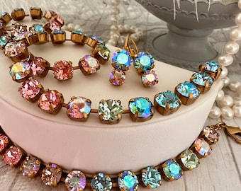 Turquoise and Pink Drop earring, Iridescent Crystal Earrings, Two Stone Rhinestone Earrings, Pastel Watercolor Earrings Cotton Candy Earring