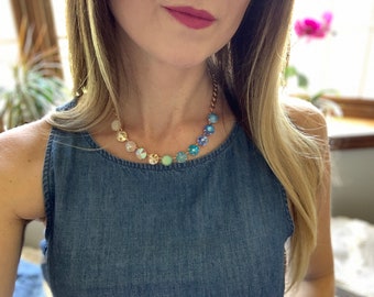 Turquoise Blue Ombre Austrian Crystal Necklace, Crystal Tennis Necklace, Laguna Blue, Champagne, Sand, Rose Gold, Sand and Sea Ombre Jewelry