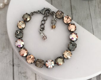 BEST SELLER Brown Sugar Shimmer Rose Gold, Champagne, Crystal AB Bridal Bracelet, Neutral Round Stone Designer Crystal Tennis Bracelet