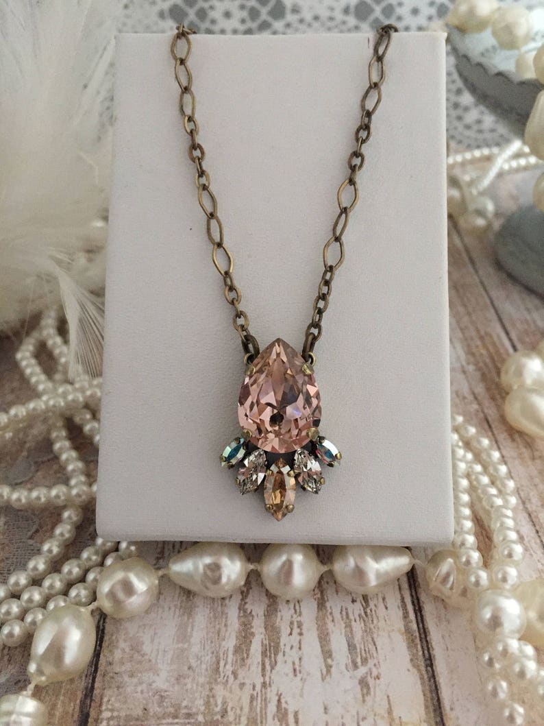 Blush Teardrop Pendant Necklace, Champagne Crystal Bridal Necklace, Navette Accent French Rose Crystal Pear Cut Bridal Pendant V Cut Jewelry image 9