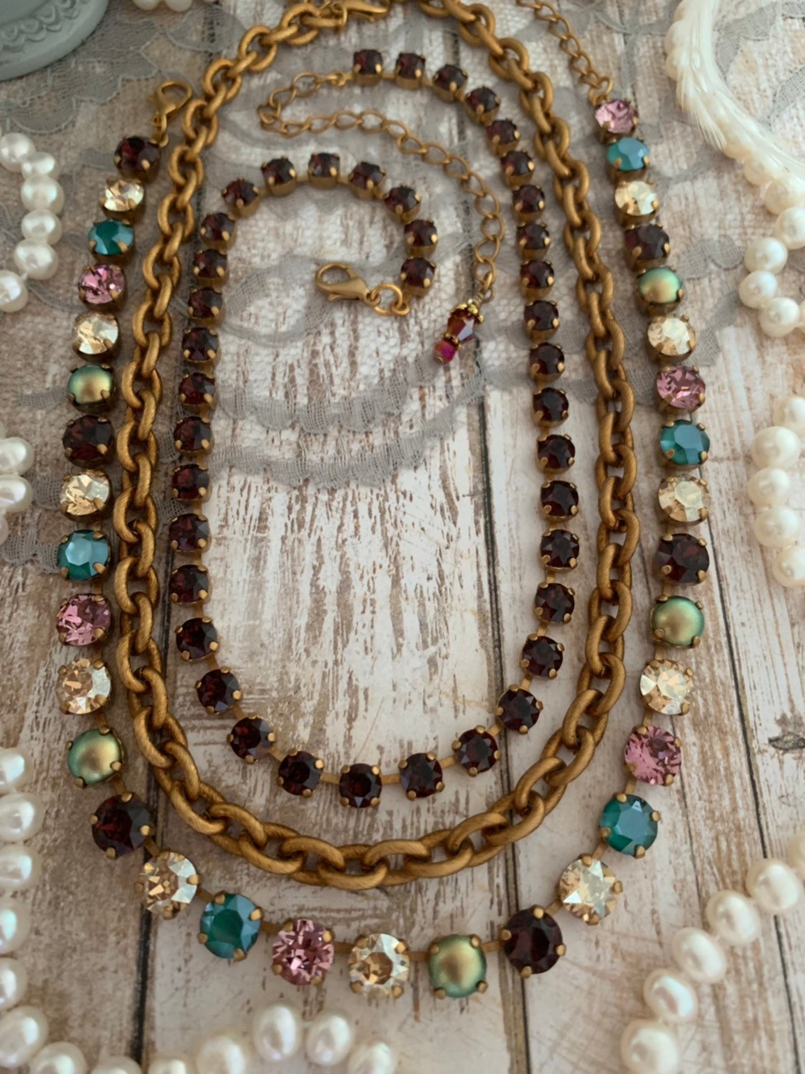 Burgundy and Gold Crystal Collet Necklace, Champagne and Rose ...