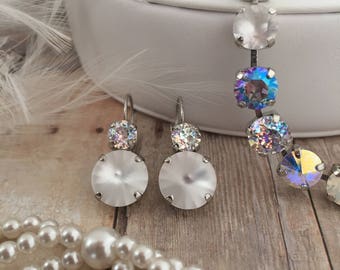 Matte White Rhinestone Earring, Two Stone Crystal Drop Earrings, Round Stone Bridal Earring, Iridescent Rhinestone Earring, Silver Tone