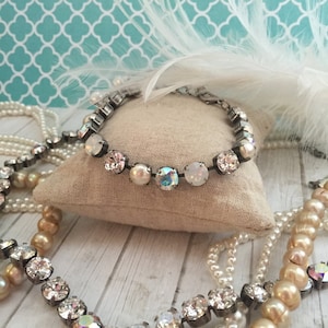 White Opal, Pearl and Crystal Tennis Bracelet, Round Stone Bracelet, Clear Crystal and Aurora Borealis Bridal Bracelet, Silver tone