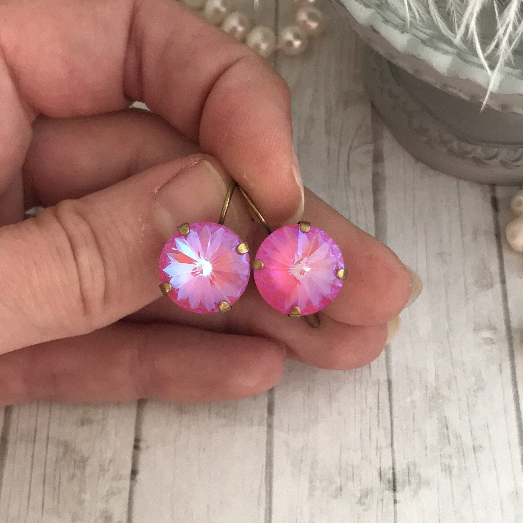 14mm Lotus Pink Delite Crystal Drop Earrings, Large Milky Pink luminescent Dangle Earrings, Pink, Salmon, Rose, Dark Pink Creamy Shimmer.