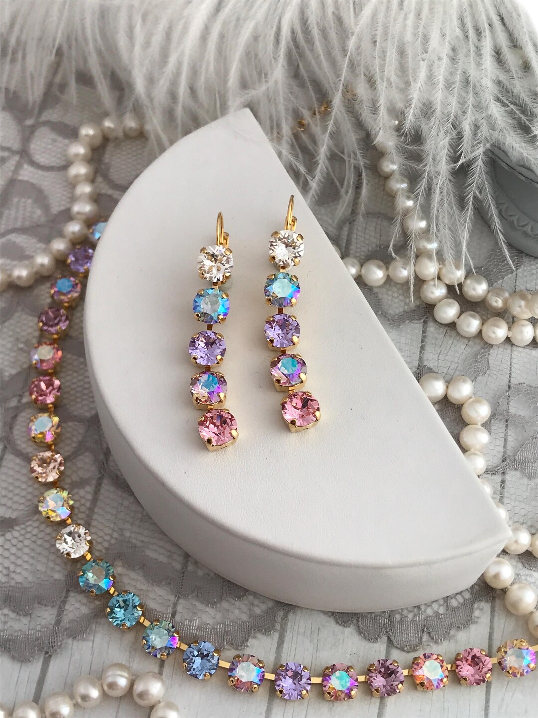 POWDERED SUGAR 8mm Linear Line Dangle Earrings Pastel Crystal Earrings ...