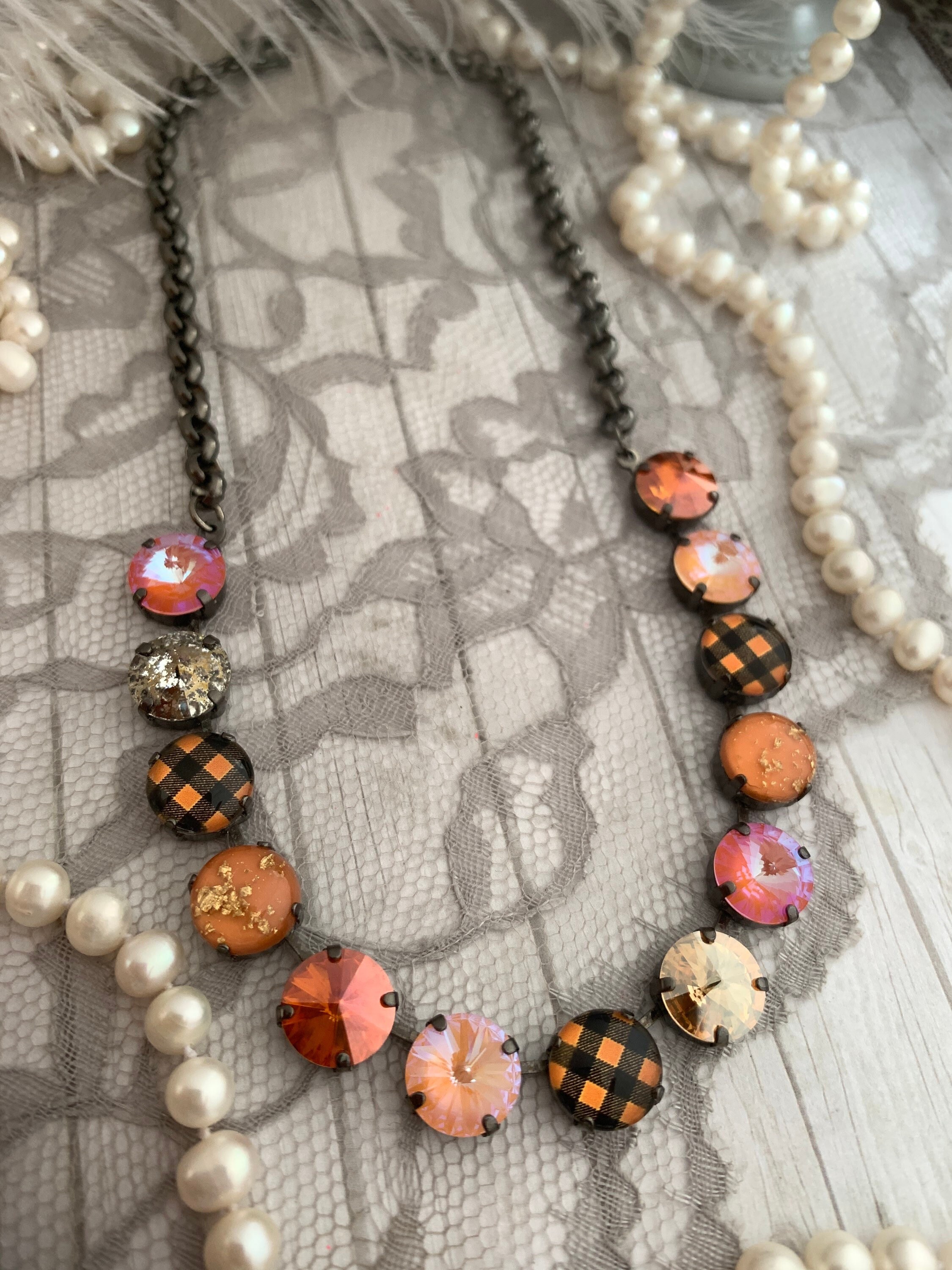 Fall Crystal Choker, Orange and Black Crystal Tennis Necklace, Black and Orange Necklace, Black Buffalo Check plaid Jewelry Fall Inspired