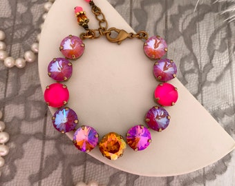 Orange and Neon Pink Crystal Tennis Bracelet, Gold, Tangerine, Hot Pink Rhinestone Jewelry, Orange Pink Ombre, Fire Opal Orange, Neon Summer