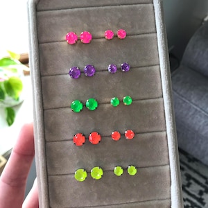 Neon Stud Earrings, Electric Ignite Crystal Solitaire Earring, Bright Electric Colored Round Stone Stud Earrings You choose Size & Color