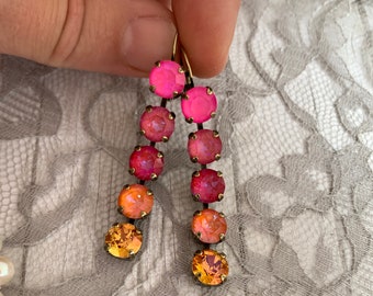 Neon Pink Ombre Long Drop Earrings, Long Line Drop Earring, Rainbow Long Drop Earring, Crystal Line Drop Earrings, Pink and Orange Jewelry