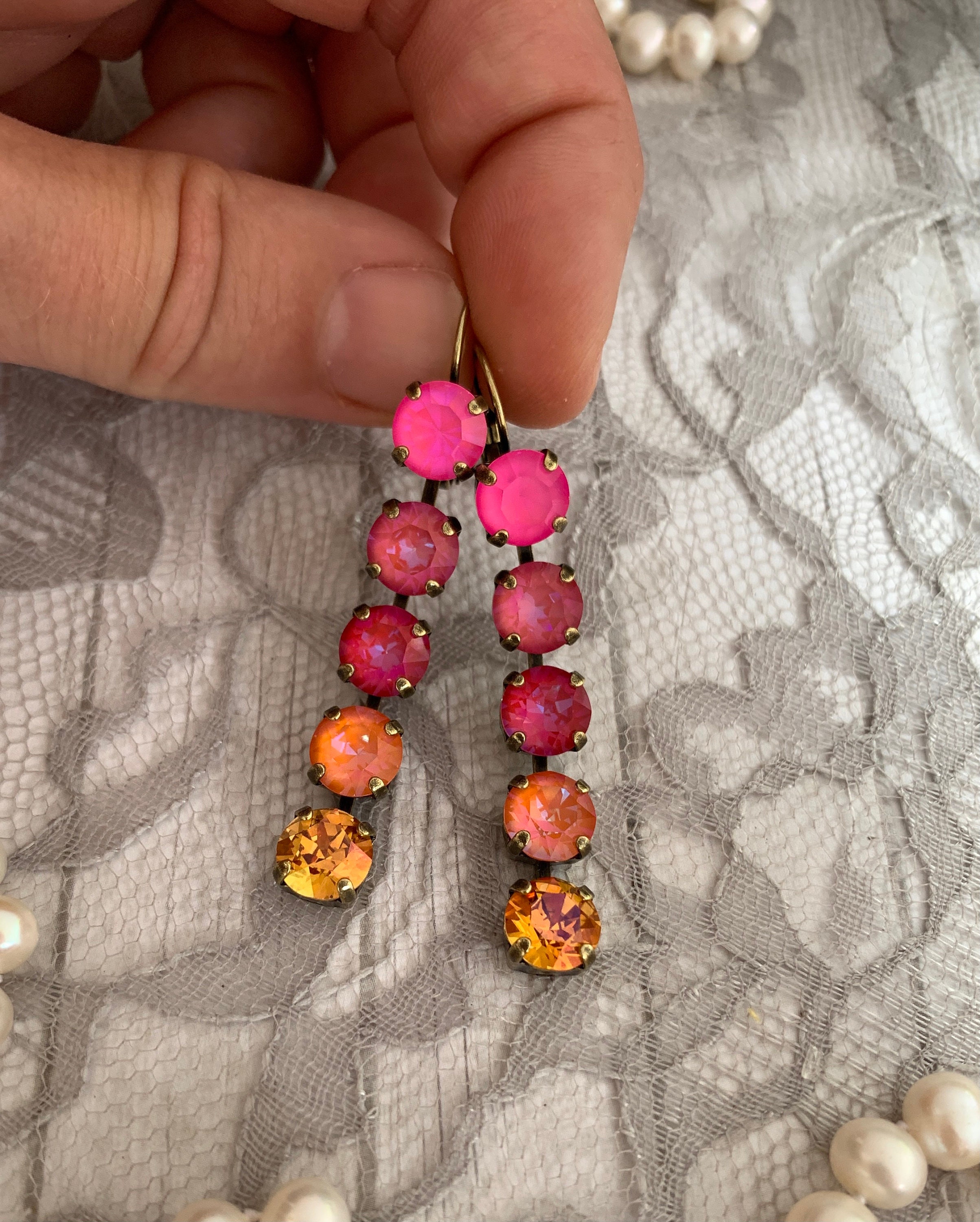 Neon Pink Ombre Long Drop Earrings, Long Line Drop Earring, Rainbow Long Drop Earring, Crystal Line Drop Earrings, Pink and Orange Jewelry