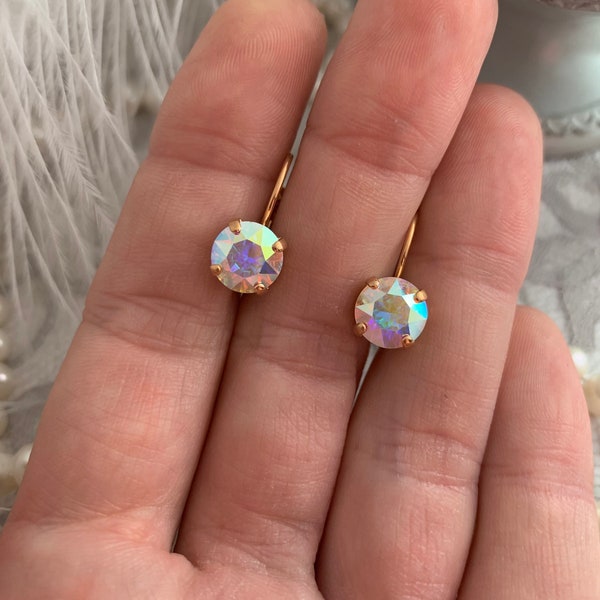 Aurora Borealis Single Stone Drop Earrings, Rainbow Crystal Earring, Crystal AB, Simple Everyday Sparkle Earring round Rhinestone Earring