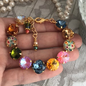 AUTUMN IS CALLING Bright Fall tone Crystal Tennis Bracelet, Blue, Yellow Orange Olivine Carmel, Sunflower, Topaz Austrian Crystal Bracelet