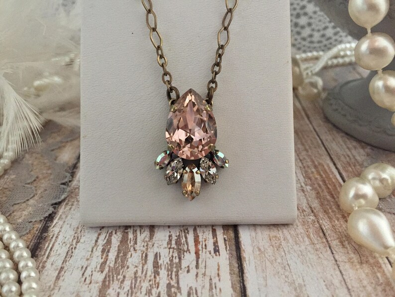 Blush Teardrop Pendant Necklace, Champagne Crystal Bridal Necklace, Navette Accent French Rose Crystal Pear Cut Bridal Pendant V Cut Jewelry image 3