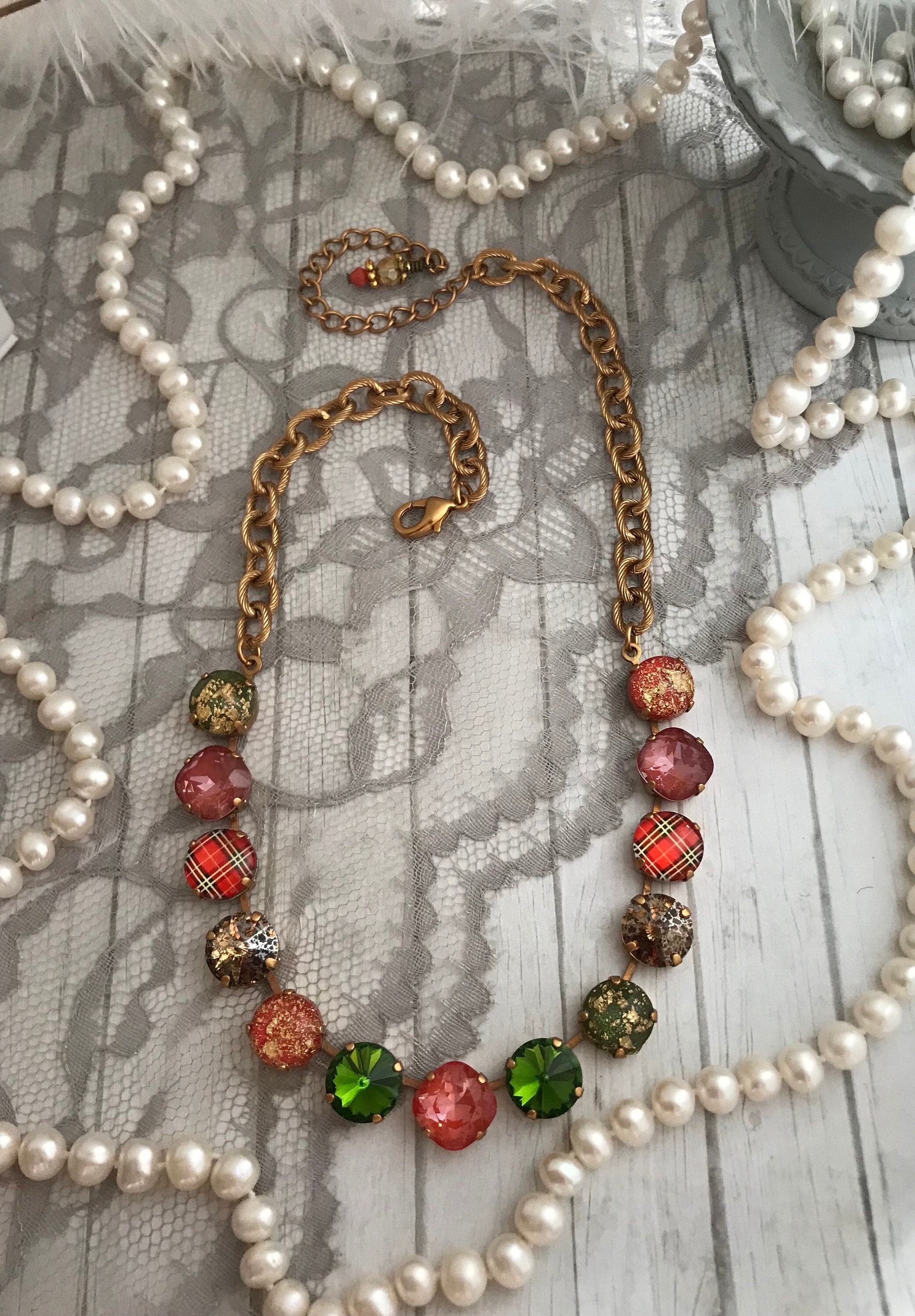 CINNAMON & SPICE Fall Inspired Crystal Tennis Necklace, Orange Tartan Plaid, Olive, Pumpkin Spiced Crystal Choker Necklace, Red and Gold