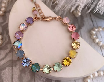 Pastel Crystal Tennis Bracelet, Pastel Spring Jewelry, Pastel Austrian Crystal Bracelet, Rose Gold Tennis Bracelet Pastel Rainbow Jewelry