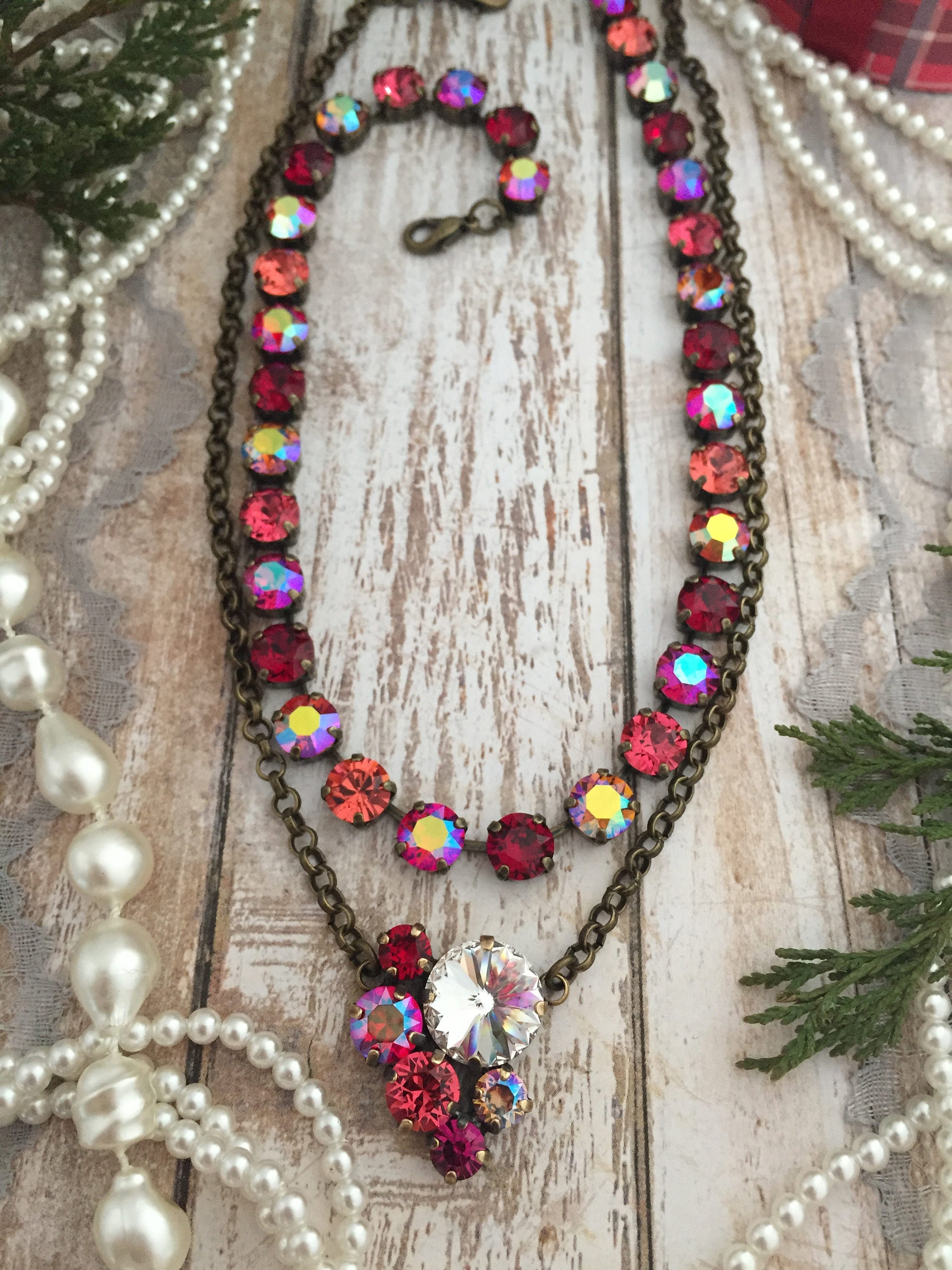 Red and Pink Crystal Cluster Pendant Red Rhinestone Cluster Pendant ...