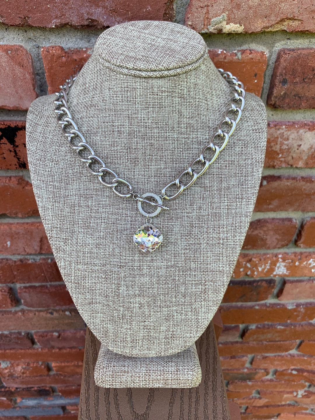 Toggle Clasp Necklace With Crystal Charm, Large Silver Link Chain Necklace, Cushion Cut