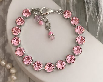 GRACEFUL 8mm Austrian Crystal Lt Rose Tennis Bracelet, Baby Pink, Pastel Pink, Pink Chiffon, Pastel Rose, Pink Watercolor, Pale Pink Shimmer