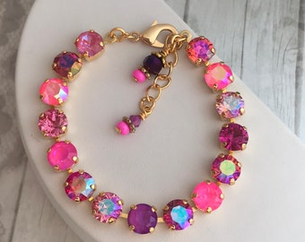 ELECTRIC GLAMOUR 8mm Crystal Tennis Bracelet, Pink Rhinestone Jewelry, Neon Pink Magenta Fuchsia Deep Lilac Delite Aurora Borealis Crystal