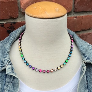 GLOWIN&#39; OUT Neon Rainbow Necklace, Petite Crystal Tennis Choker, 6mm Genuine Crystal Rainbow Gemstone Necklace, Electric Pink, Green Purple