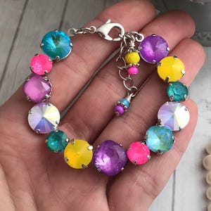 90&#39;S NEON Electric Pink Austrian Crystal Tennis Bracelet, Multicolored Electric Crystal Jewelry Mixed Crystal Size, Yellow Opal, Violet Teal