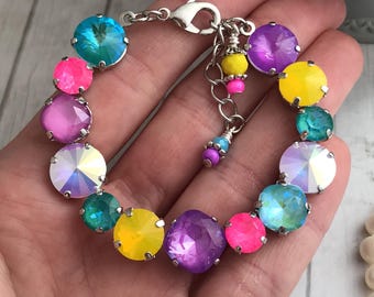 90'S NEON Electric Pink Austrian Crystal Tennis Bracelet, Multicolored Electric Crystal Jewelry Mixed Crystal Size, Yellow Opal, Violet Teal