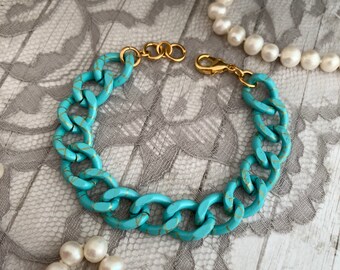 Turquoise and Gold Chunky Curb Link Chain Bracelet, Sky Blue Chain Bracelet, Turquoise and Gold accent Chain Jewlery Gold Curb Chain Jewelry