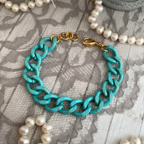 Turquoise and Gold Chunky Curb Link Chain Bracelet, Sky Blue Chain Bracelet, Turquoise and Gold accent Chain Jewlery Gold Curb Chain Jewelry