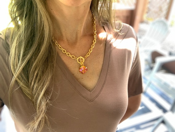Gold Toggle Clasp Necklace with Charm, Pink and Orange Pendant Necklace, Toggle Clasp Charm Necklace, Red Orange Pink Fire Opal Pendant