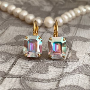 Square Stone Bridal Earrings, Yellow Gold Tone Crystal Drop Earrings, Crystal Aurora Borealis, Iridescent Rhinestone Earrings