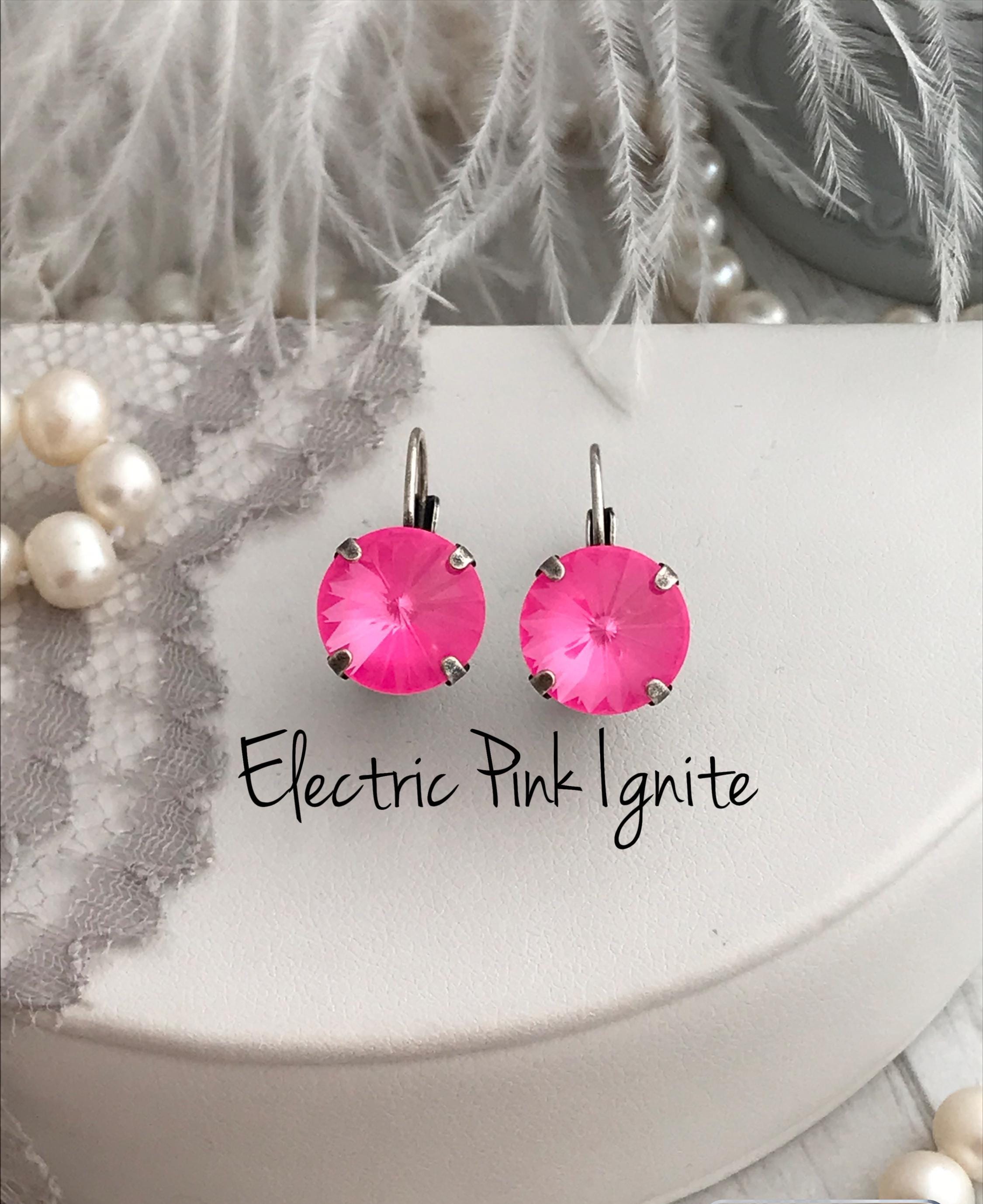 12mm Neon Crystal Drop Earrings Electric Pink, Neon Pink