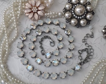 White Opal Crystal Tennis Necklace, White WHISPER Crystal and Opal Stone Necklace, White Bridal Necklace,