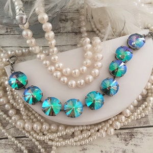Paradise Shine Crystal Tennis Bracelet 14mm Crystal Statement Bracelet, iridescent blue Green Fashion Bracelet, Aqua Blue jewelry
