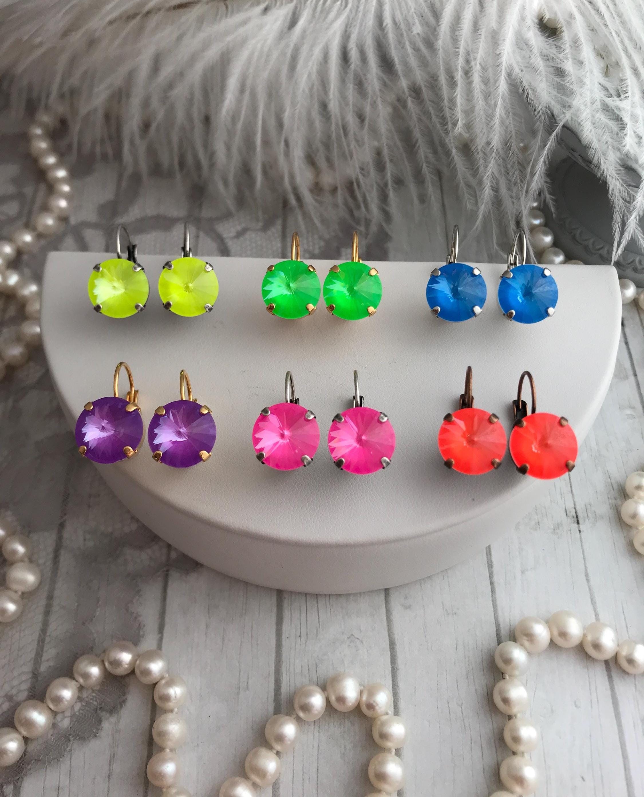 12mm Neon Crystal Drop Earrings Electric Pink, Neon Pink