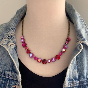 FIRE and FUCHSIA Crystal Tennis Choker Siam Magenta Pink Crystal Collette Multicolored Red and Pink Shimmer Necklace, Mixed Rhinestone sizes