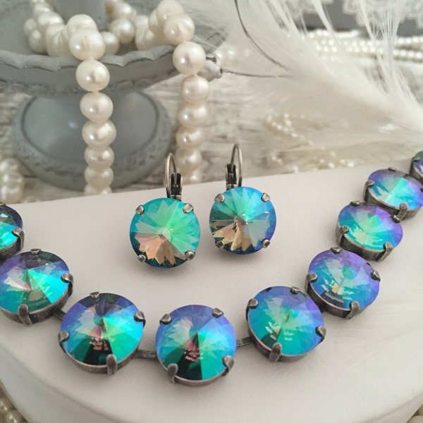 Blue Green Crystal Lever Back Dangle Drop Earring. Iridescent Earring, Multi Colored Crystal Paradise Shine, Purple, Aqua Earrings