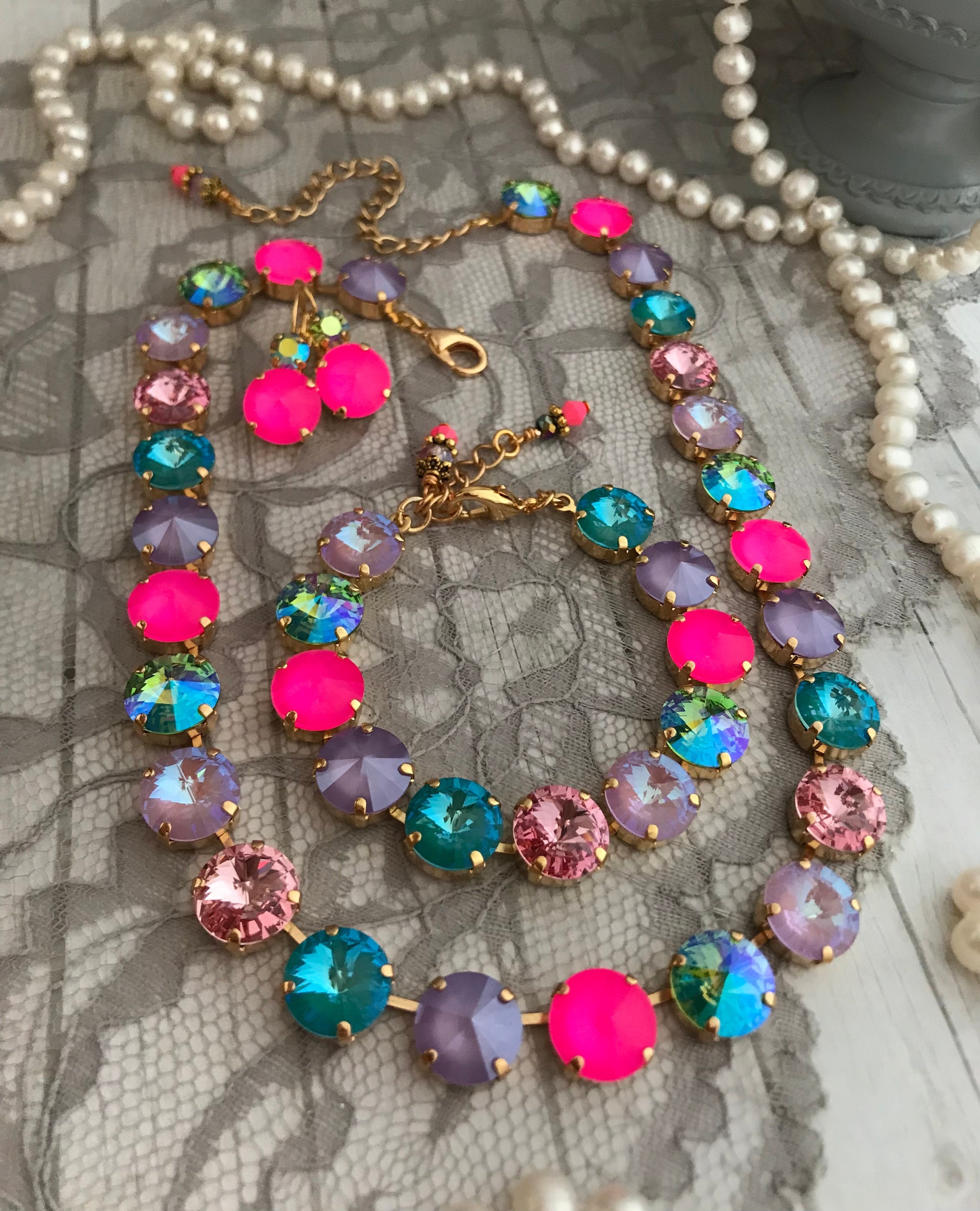 Electric Pink, Iridescent Green, Lilac and Laguna Blue Crystal Tennis necklace, Neon Crystal Choker, Neon Green, turquoise, Violet Stone