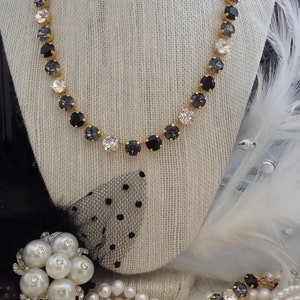 BLACK TIE AFFAIR. Black and White Crystal TennnisNecklace. Yellow Gold Crystal Necklace, Grey, Black Diamond, White Crystal Rhinestone