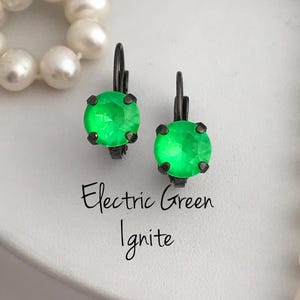 Electric Green Austrian Crystal Drop earrings, Neon Green Earrings, fluorescent Green, Single Stone Dangle Earrings, Bright Summer Earring