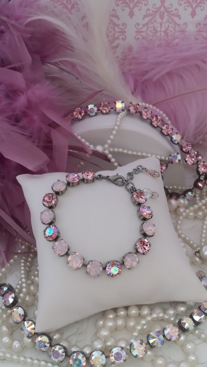 Pastel Pink Crystal Tennis Bracelet, 8mm Rose Water Opal Shimmer Bracelet, Blush, Rose, Iridescent Crystal, Baby Pink Rhinestone Bracelet