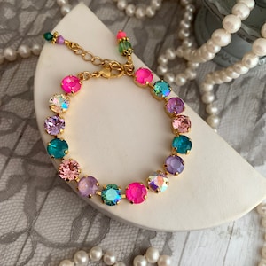 Electric pink Crystal Tennis Bracelet, Neon Pink and Blue Jewelry, Lilac, Aurora Borealis, Delite Crystal Bracelet, Multi Colored Rhinestone