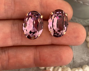 Mauve Oval Crystal Stud, Pink Crystal Earring Oval Austian Crystal earring Large Single Stone Solitaire Crystal earring, Blush and Rose Gold