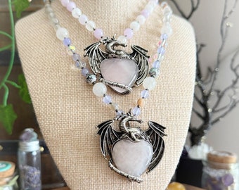 Collana Uomo Donna Drago Celestia Con Cristalli E Pietre | Quarzo Rosa Turchese Malachite - 4