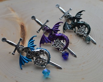 Silver Dragon Brooch Dragon Sword Pin Purple Dragon Celtic Dragon Dungeons and Dragons Jewelry Dragon Kilt Pin Dragon Gift Fantasy Jewelry