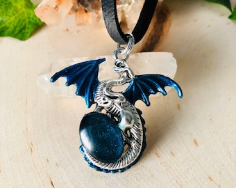 Crystal Galaxy Dragon Pendant: Metallic Fantasy Necklace on Leather Cord