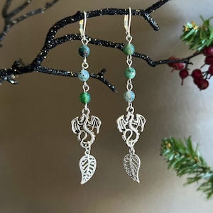 Moss Agate Dragon Earrings: Silver Leaf Fantasy Jewelry