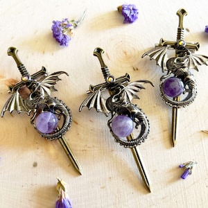 Amethyst Dragon Brooch Dragon Sword Pin Black Dragon Celtic Dragon Dungeons and Dragons Jewelry Dragon Kilt Pin Dragon Gift Fantasy Jewelry